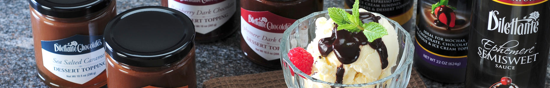 Decadent dessert sauces from Dilettante Mocha Café in chocolate and caramel varieties.