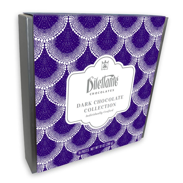 Dilettante Chocolates Individually Crafted Dark Chocolate Collection in a Large 16-Piece Purple Gift Box