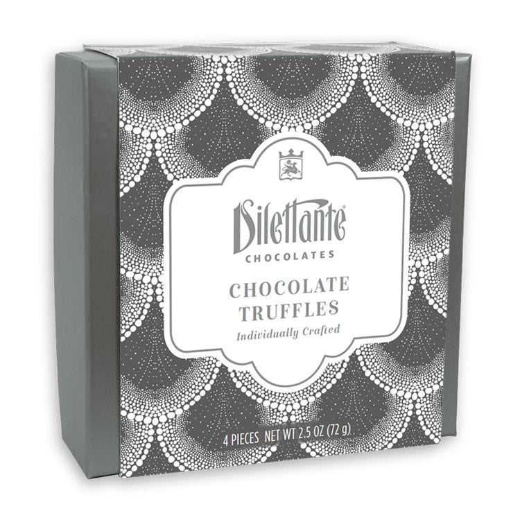 Dilettante Chocolates Individually Crafted chocolate Truffles in a 4-piece silver gift box