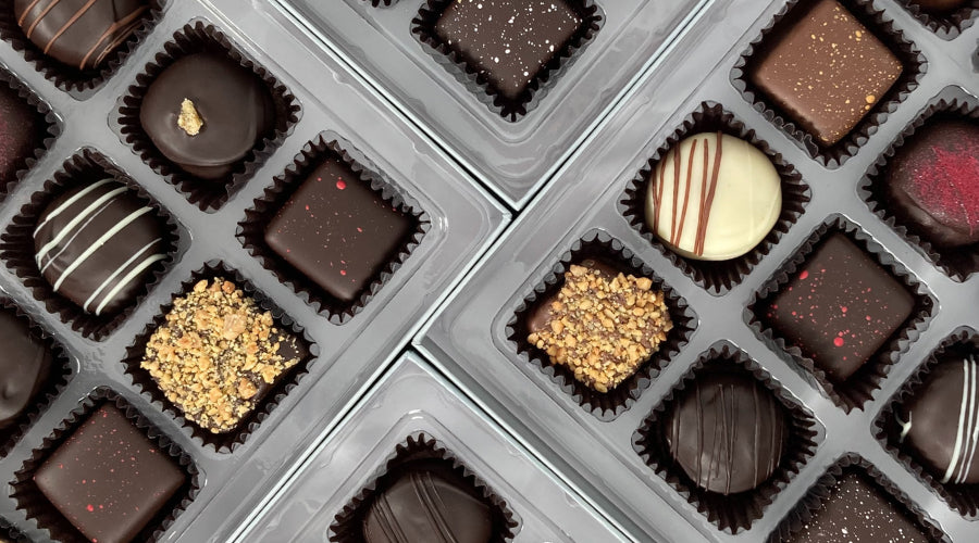 Dilettante Chocolates truffle assortments featuring a colorful assortment of different chocolate truffle flavors