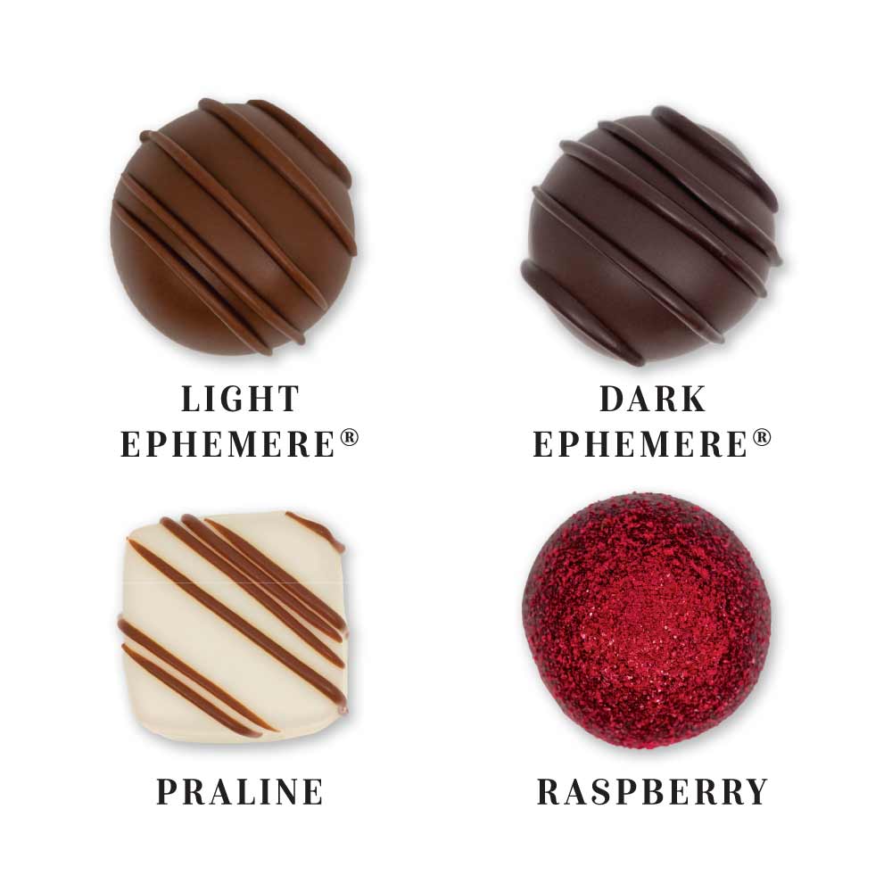 Dilettante Chocolates Light Ephemere, Dark Ephemere, Praline, and Raspberry Truffles