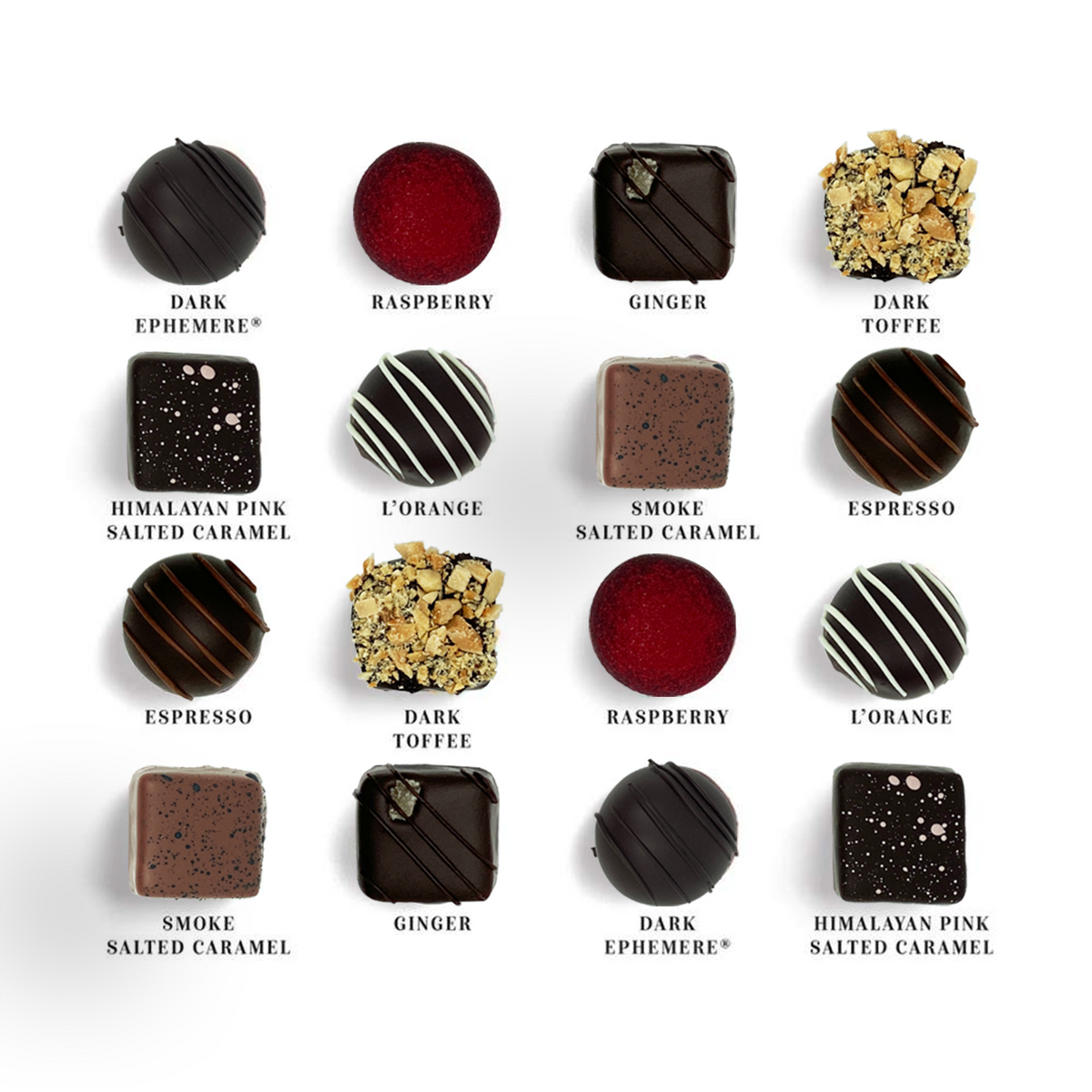 Dilettante Chocolates Dark Chocolate Collection Featuring Dark Ephemere, Raspberry, Ginger, L&#39;Orange, and Espresso Truffles