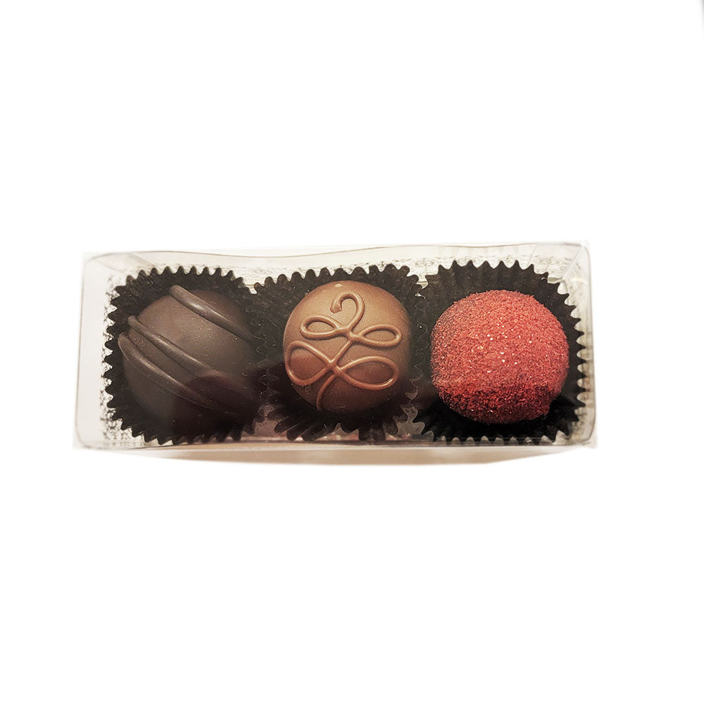 3-Piece Chocolate Truffle Assortment featuring our most popular flavors; Ephemere, Champagne, and Raspberry Truffles