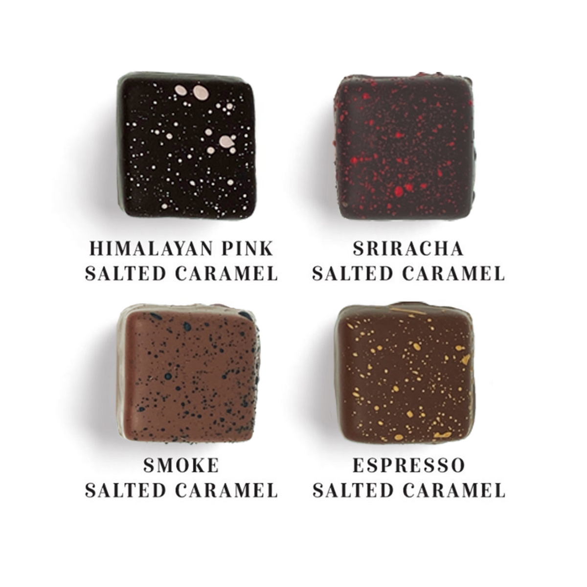 Himalayan Pink Salt, Sriracha, Smoke, and Espresso Salted Caramels inside Dilettante&#39;s Salted Caramel Collection