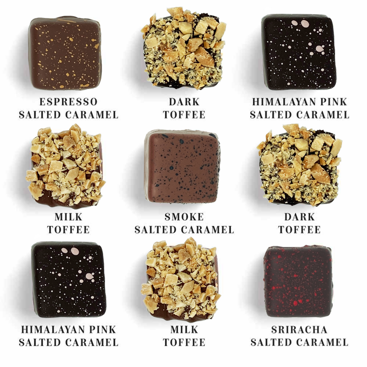 Dilettante Chocolates Toffee and Caramel Collection Featuring Espresso, Himalayan, Smoke, and Sriracha Caramels