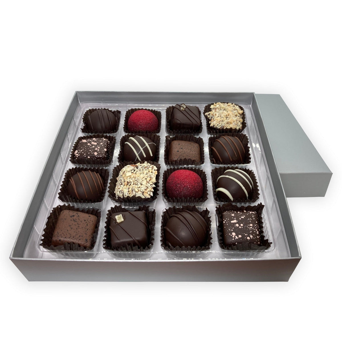 Dilettante Chocolates Dark Chocolate Collection Gift Box Featuring Truffles, Toffee, and Caramels Covered in High-Quality Dark Chocolate