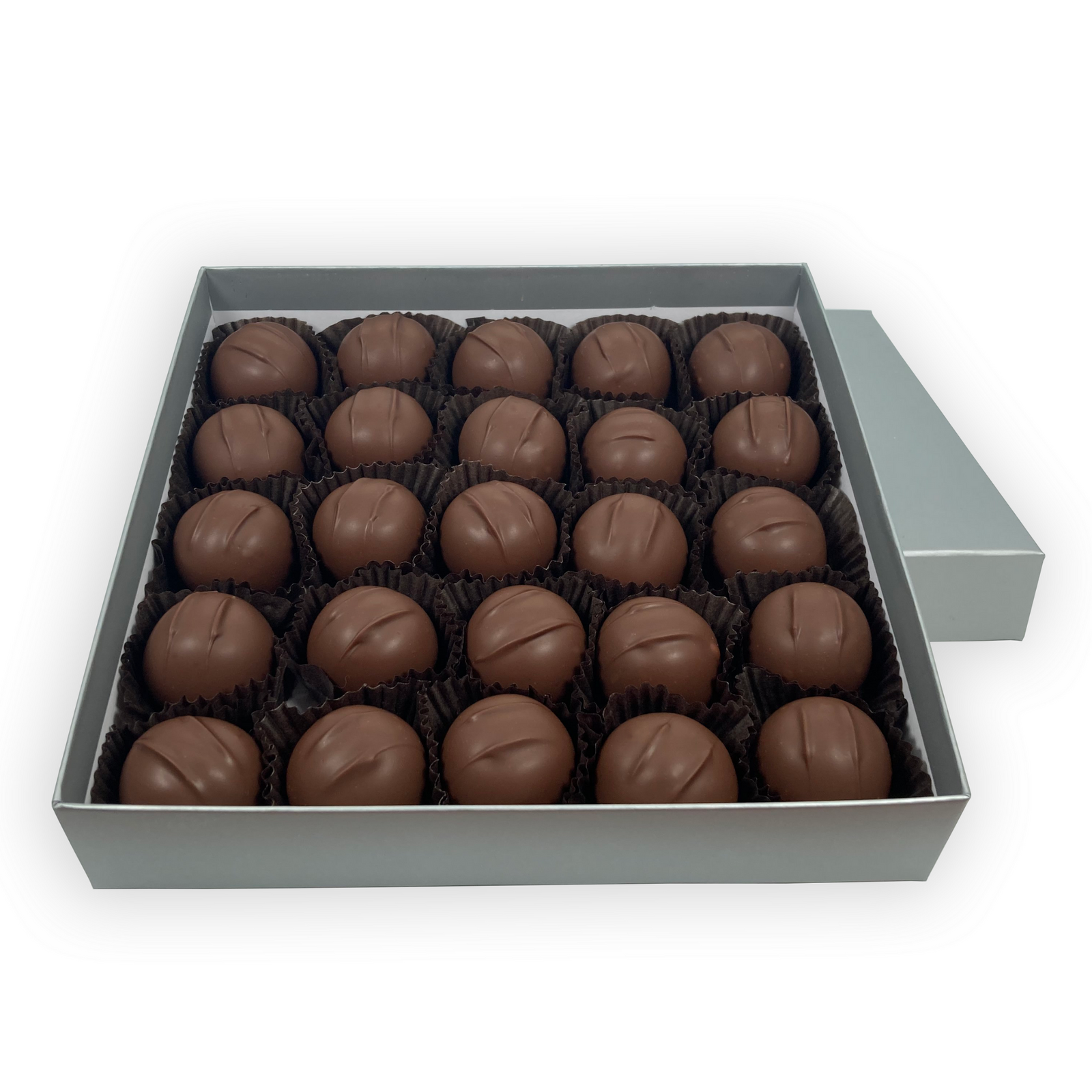 Dilettante Chocolates Champagne Truffles in a 25-piece box featuring champagne ganache centers dipped in premium milk chocolate