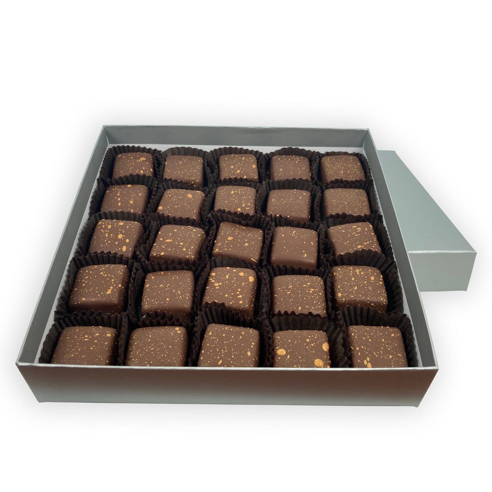 Dilettante Chocolates Espresso Caramels bulk 25-piece box featuring espresso salt caramels dipped in an elegant milk chocolate blend