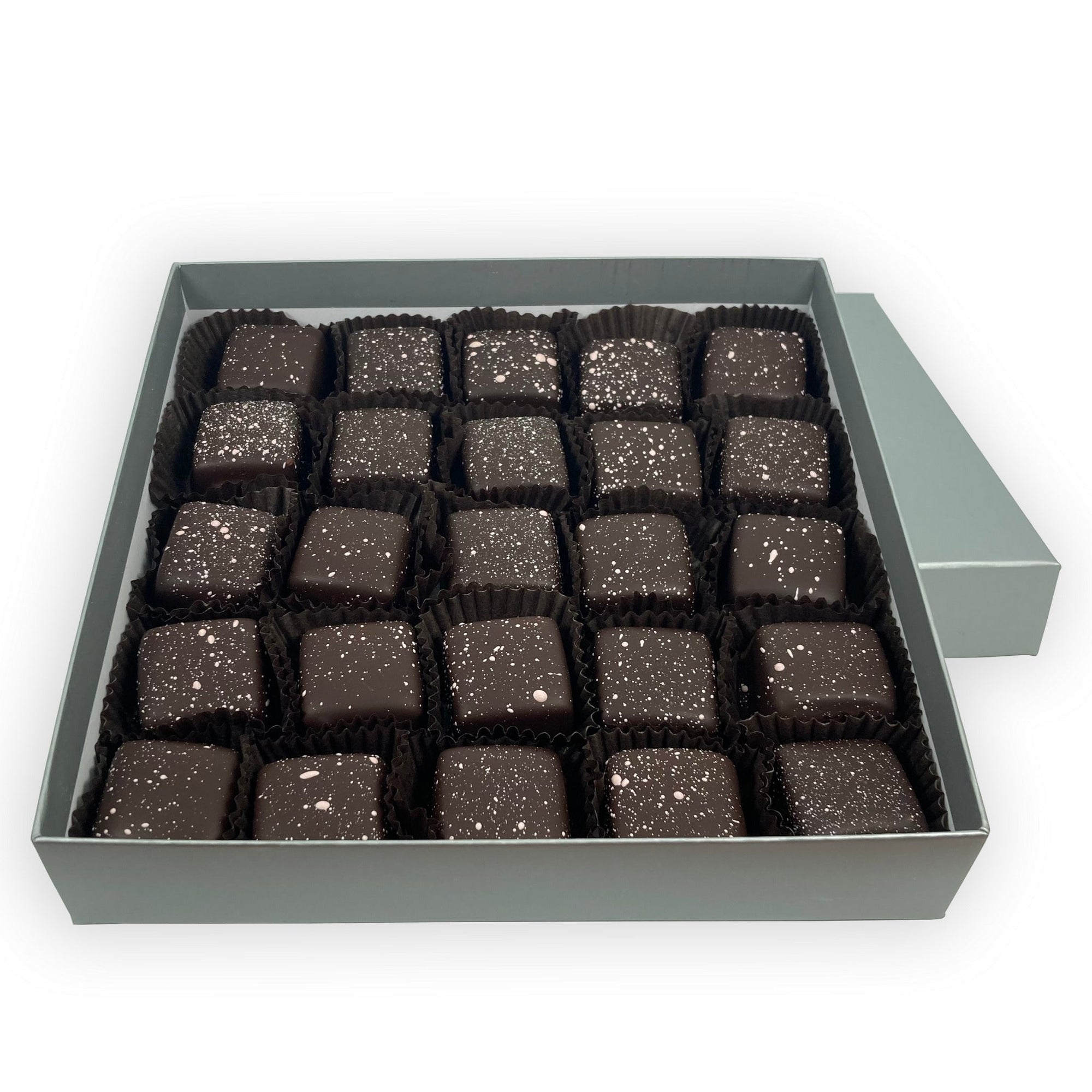 Dilettante Chocolates Pink Himalayan Salt Caramel in Dark Chocolate in a 25-piece bulk box