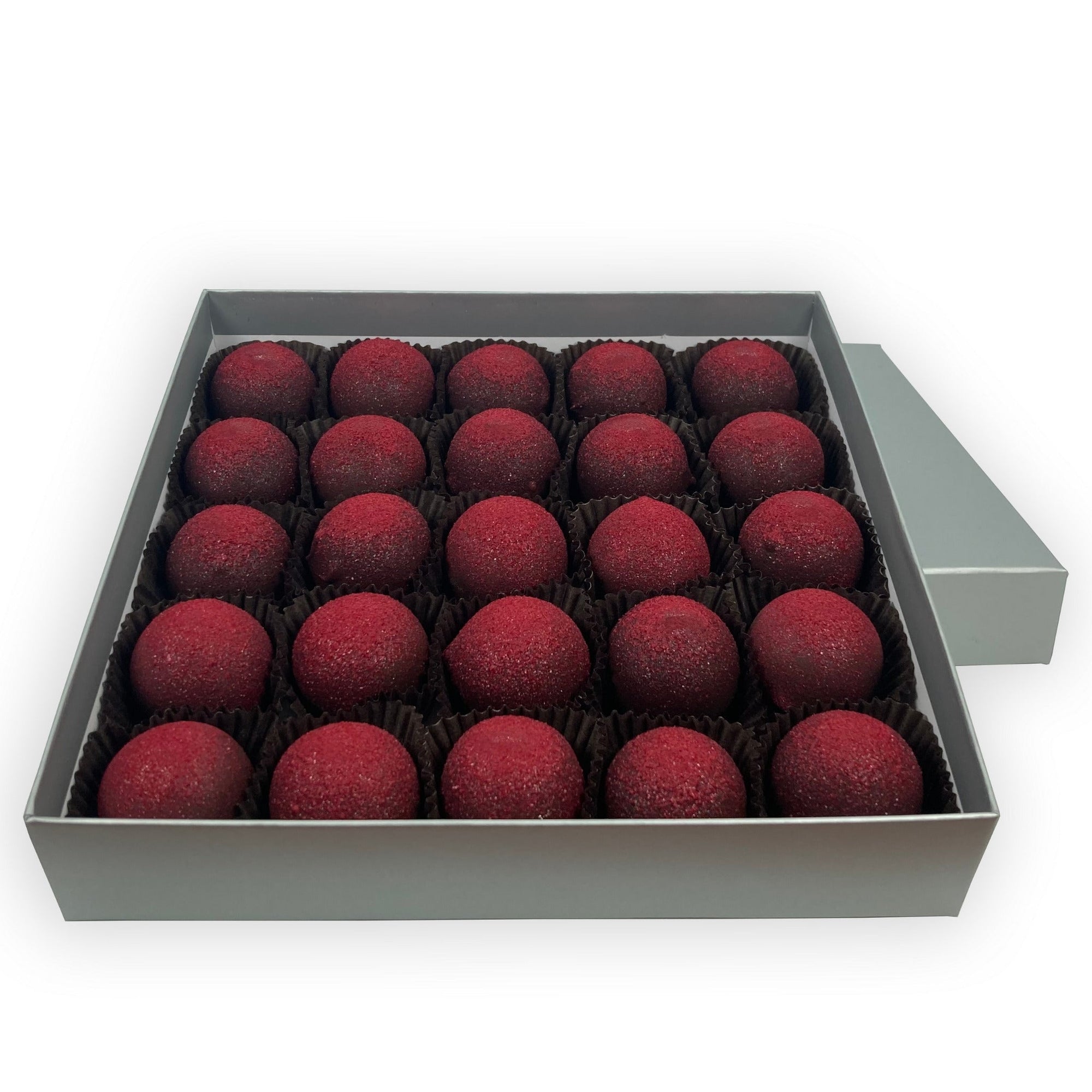 Dilettante Chocolates bulk 25-piece box of Raspberry Truffles featuring a raspberry ganache center coated in an outside layer of dark chocolate