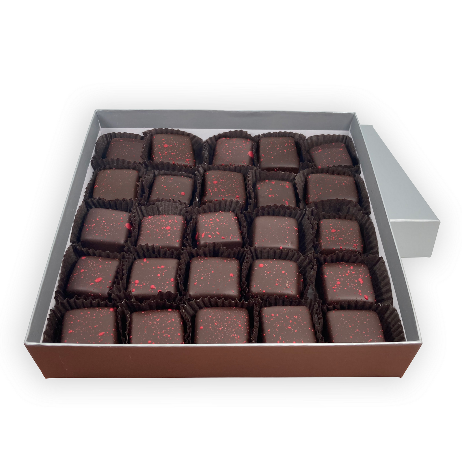 Dilettante Chocolates Sriracha Caramels coated in dark chocolate in a bulk 25-piece box