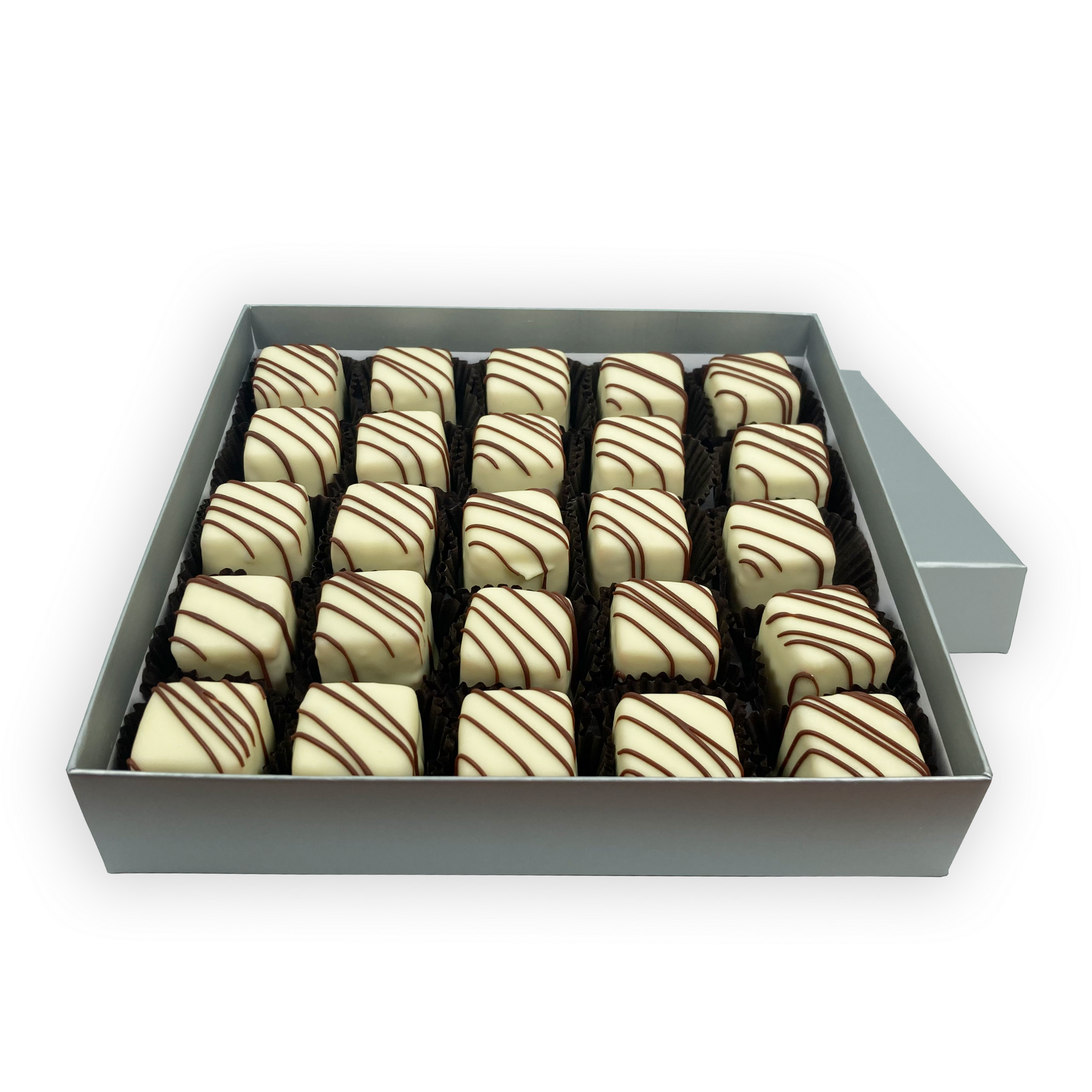 Dilettante Chocolates White Chocolate Praline Truffles with milk chocolate embellishments in a bulk 25-piece box